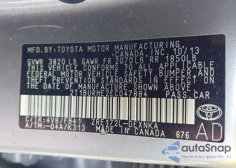 2014 Toyota Corolla Le from USA, damaged, VIN 2T1BURHE2EC047884